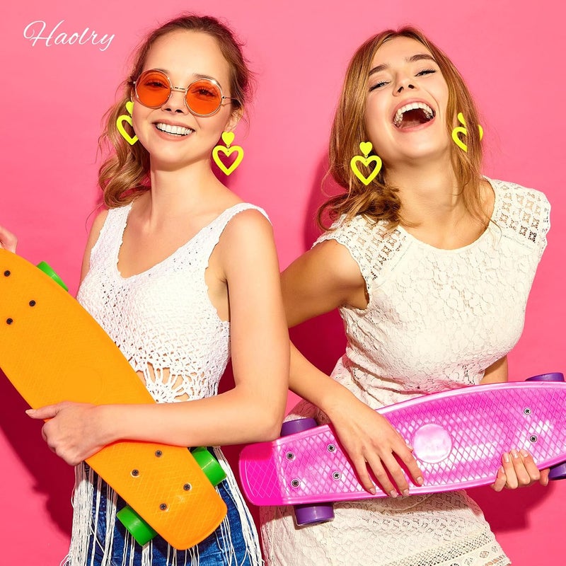 HOLYRY Neon Heart Earrings for Women Acrylic Neon Earrings 80s 90s Outfit for Women Glow Party Accessories Gifts Hot Pink Orange Green Yellow - Image 3